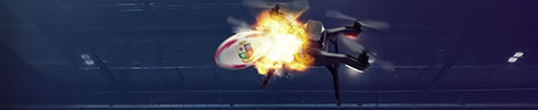 Game image of drone exploding as it is hit with a rugby ball